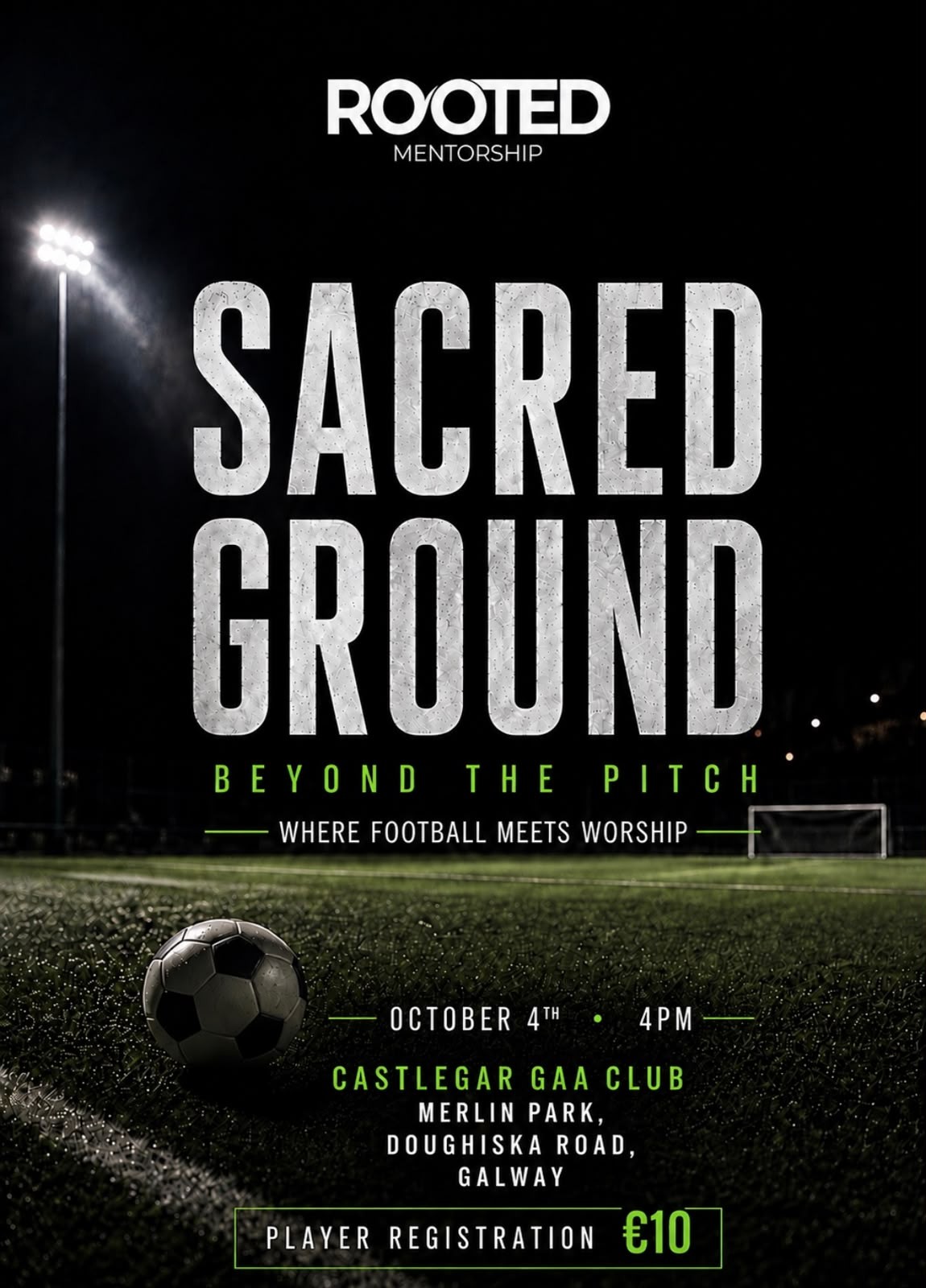 Sacred Ground 2026 event poster: Beyond the Pitch, 4 October, Castlegar GAA Club, Galway